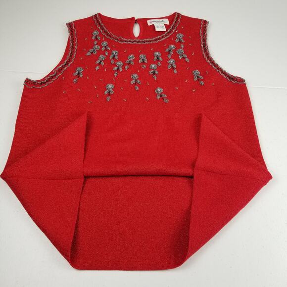 Essentials Red Sleeveless Silk Blend Embellished Rhinestones Beads Top EUC LG - Picture 8 of 9